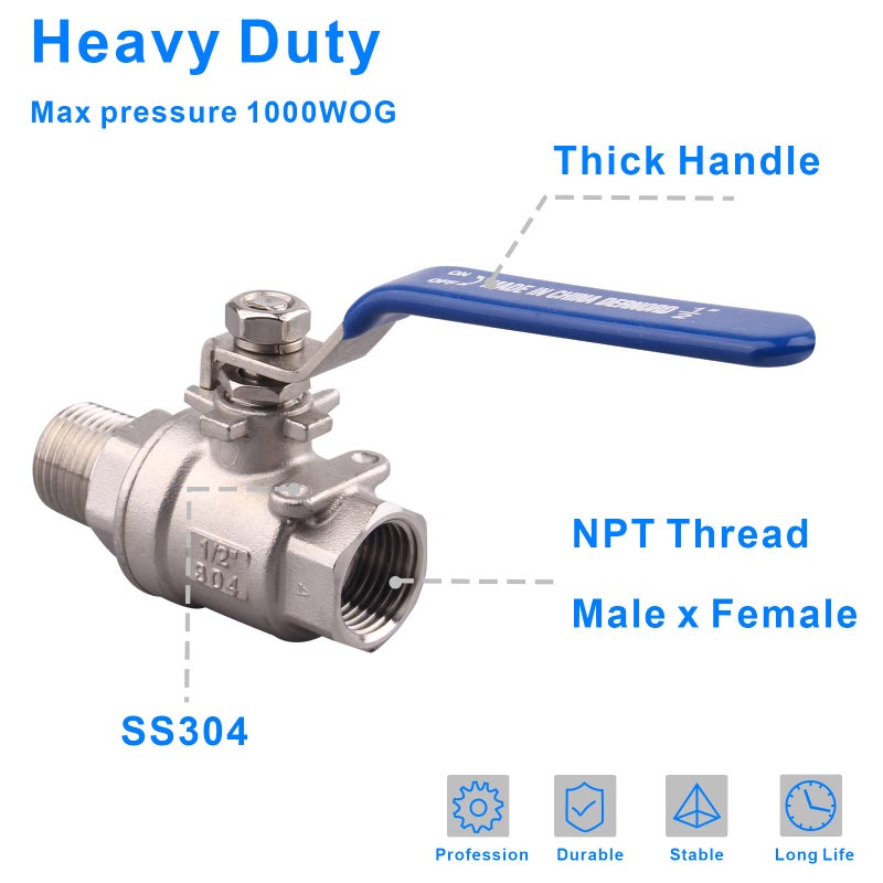 DERNORD Full Port Ball Valve 1/2 Inch - Male x Female Stainless Steel 304 Heavy Duty for Water, Oil, and Gas,1000WOG (1/2 Inch NPT) - Image 5